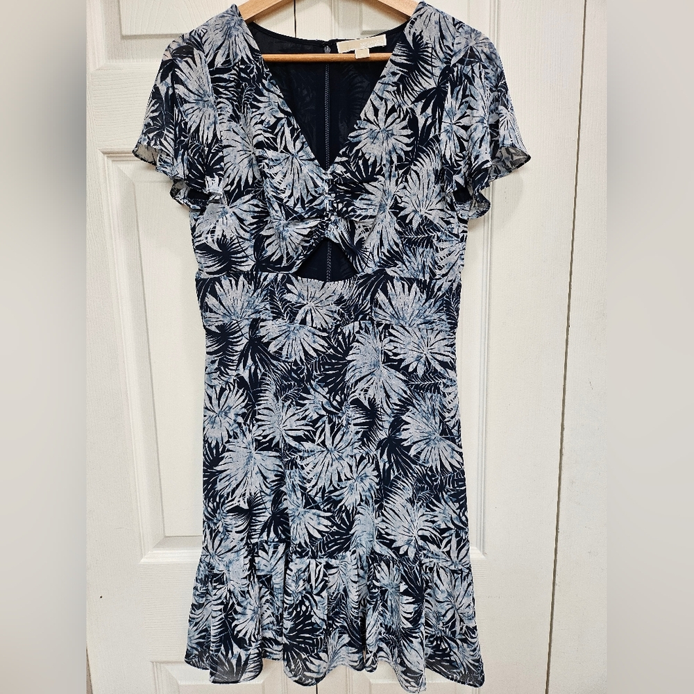 Michael Kors Navy and White Floral Twist-Front Dress